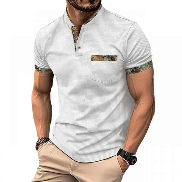 Men's Casual Colorblock Stand Collar Button Slim Fit Short Sleeve T-shirt 72559752M