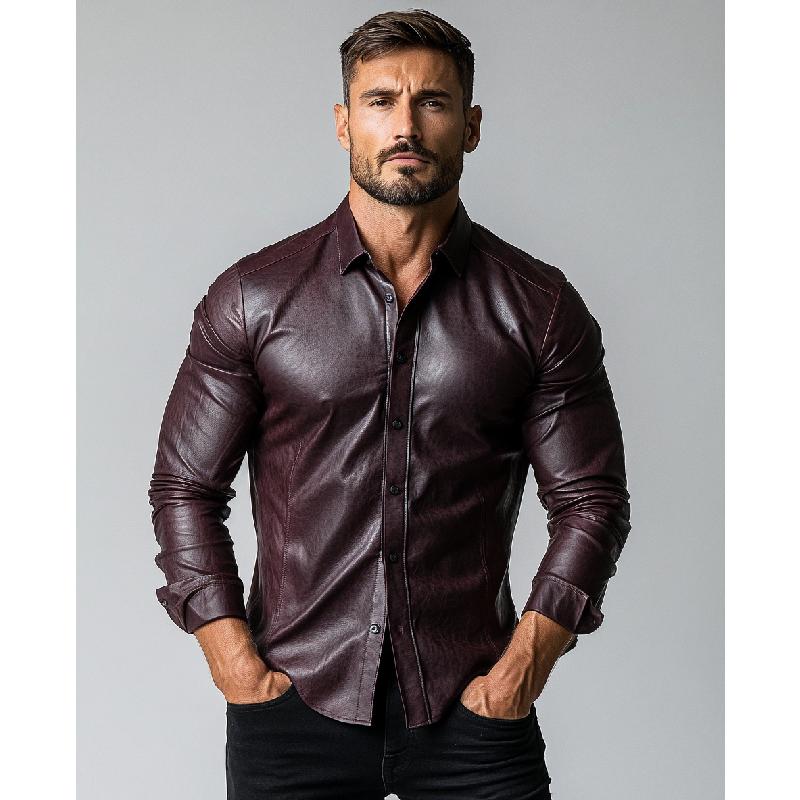 Men's Fashion Solid Color Lapel Slim Fit Long Sleeve Leather Shirt 82672488Y