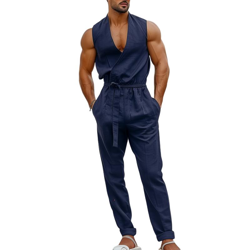 Men's Solid Color V Neck Sleeveless Belt Jumpsuit 91241064Z