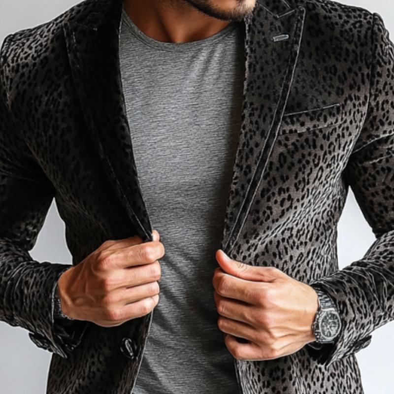 Men's Vintage Velvet Leopard Print Peak Collar Single Breasted Blazer 63409054Y