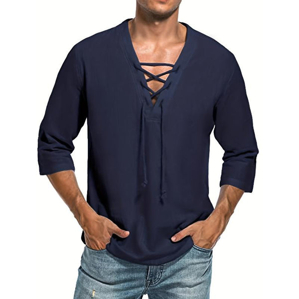 Men's Casual Solid Color V-Neck Tie Three-Quarter Sleeve T-Shirt 13342083Y