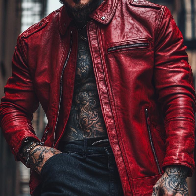 Men's Casual Personalized Lapel Red Leather Jacket 31531310F