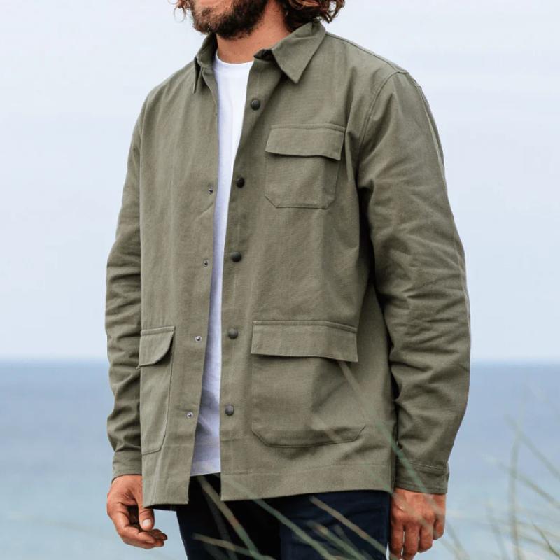 Men's Casual Canvas Lapel Flap Pocket Loose Jacket 46503502M