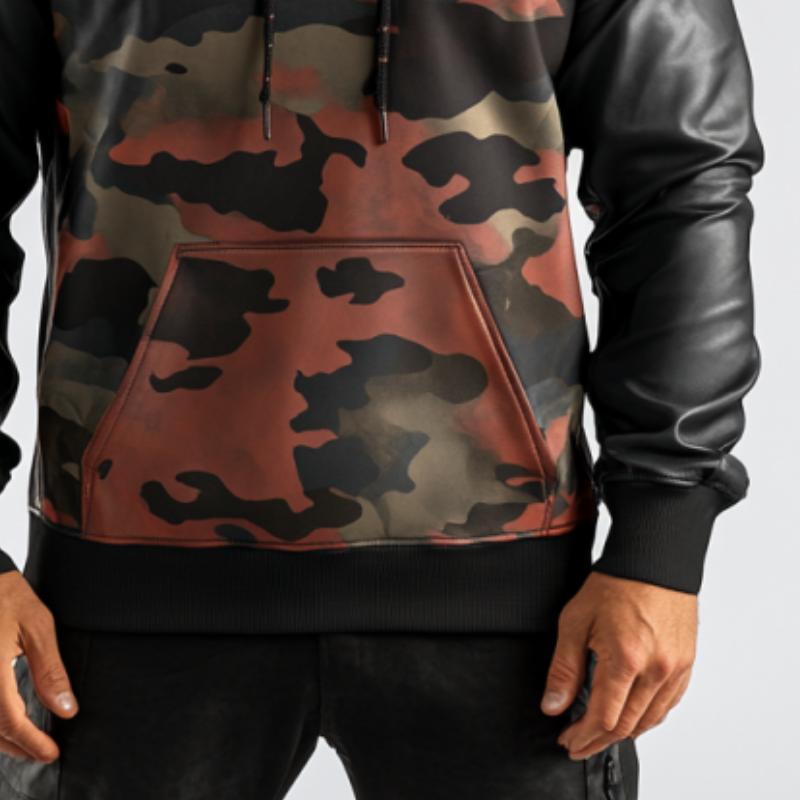 Men's Casual Fashionable Stitching Camouflage Leather Hoodie 28803169K