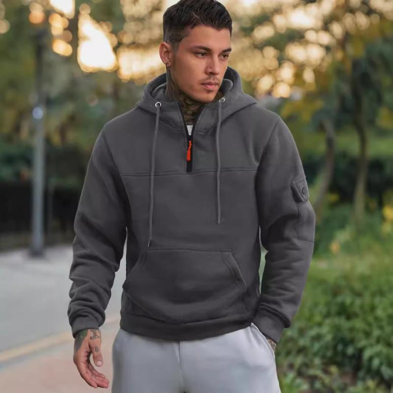 Men's Casual Solid Color Multi-Pocket Half-Zip Hooded Long Sleeve Sweatshirt 12108131Y