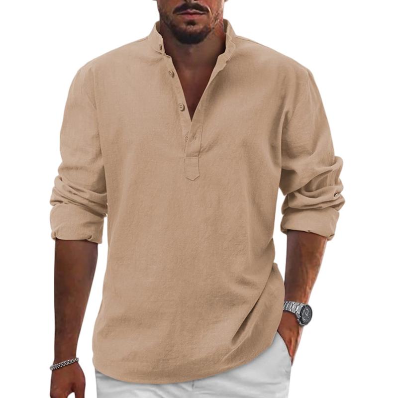 Men's Cotton And Linen Solid Henley Collar Long Sleeve Shirt 37752136Z