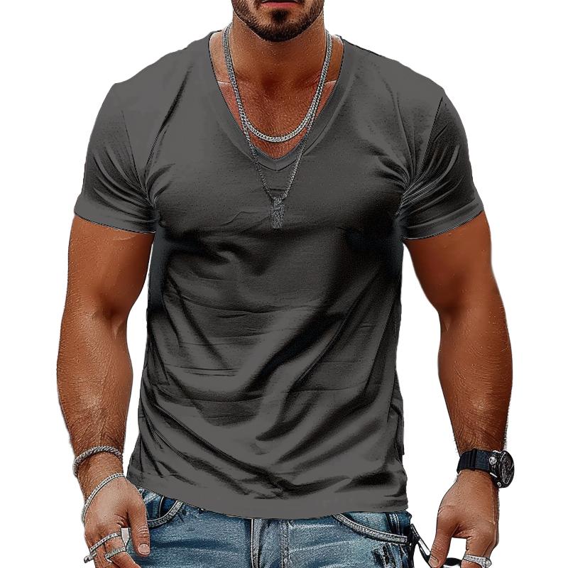 Camiseta de algodón de manga corta con cuello en V y color liso para hombre 98171741X