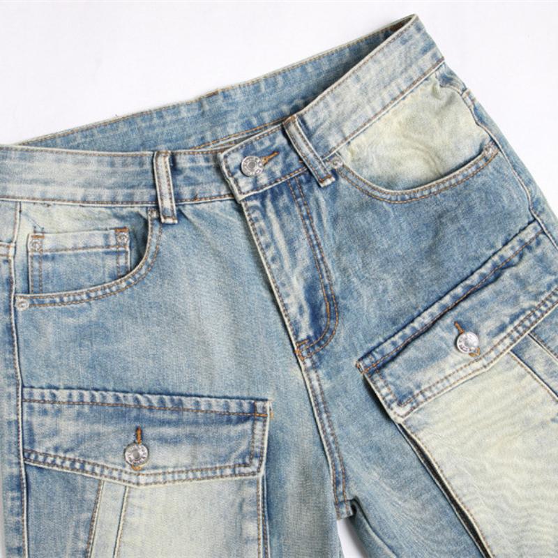 Men's Fashion Washed Multi-Pocket Loose Straight Denim Shorts 51613358M