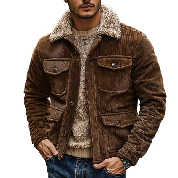 Men's Fleece Lapel Corduroy Multi-pocket Single Breasted Cargo Jacket 38277894Z