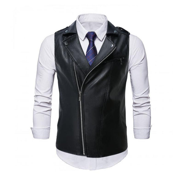 Men's Vintage Notch Lapel Slant Placket Zipper Motorcycle Leather Vest 69734060M