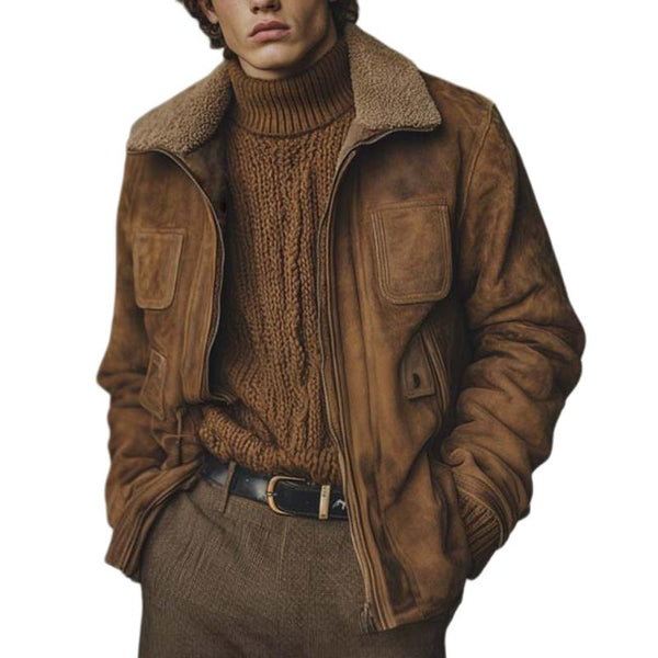 Men's Vintage Classic Zipper Multi-Pocket Cuffs Knitted Lambswool Collar Suede Jacket 32324967K