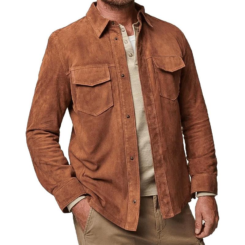 Men's Solid Color Suede Lapel Single Breasted Shirt Jacket 07952239Z