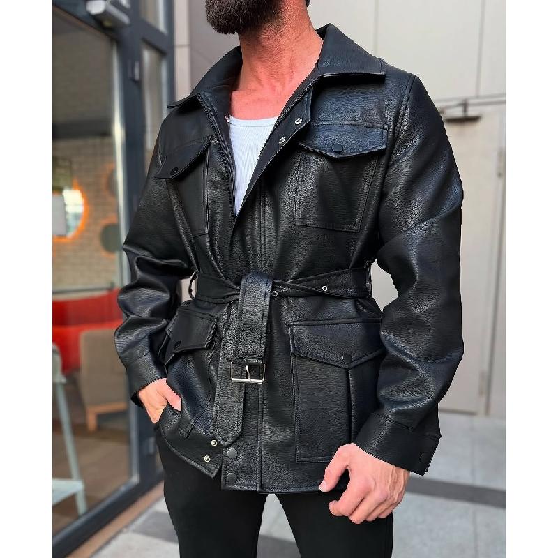 Men Fashion Multi-Pocket Belt Mid-Length Leather Jacket 62275114Y