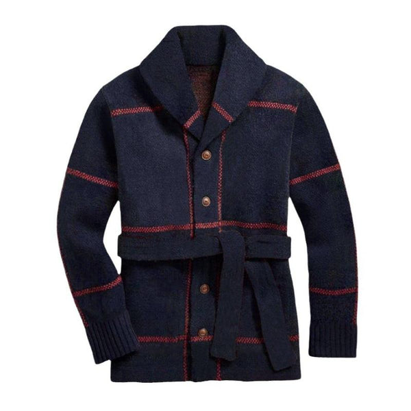 Men's Retro Line Jacquard Thick Lapel Single-Breasted Belted Mid-Length Knitted Cardigan 12783620M