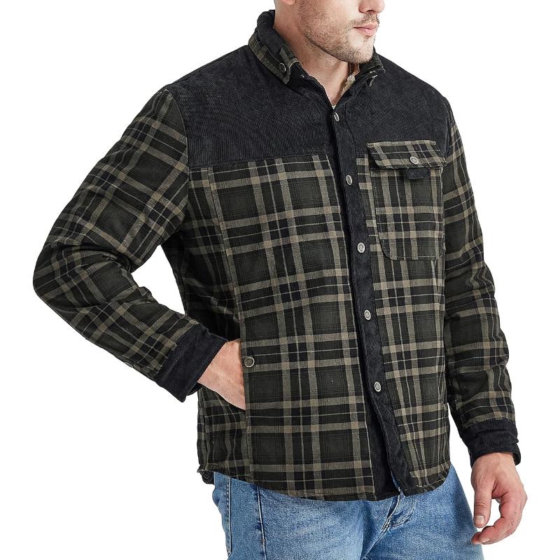 Men's Retro Check Stitching Corduroy Lining Plush Warm Jacket 19396468Y