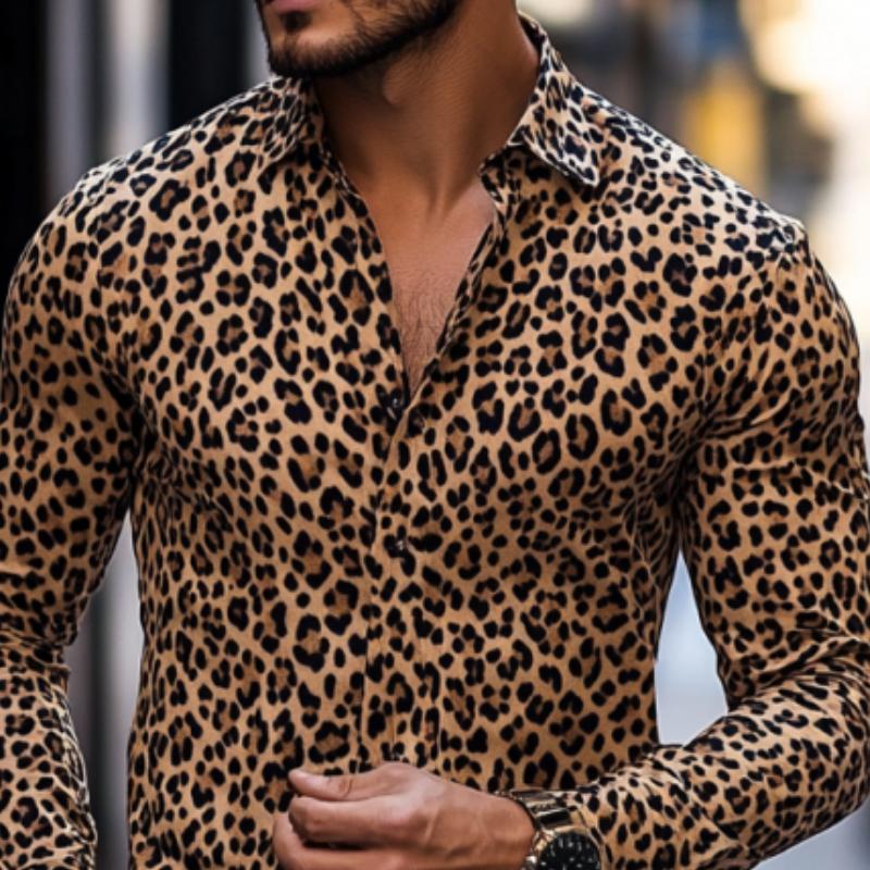 Men's Casual Fashionable Printed Leopard Slim Fit Long Sleeve Shirt 89994446K