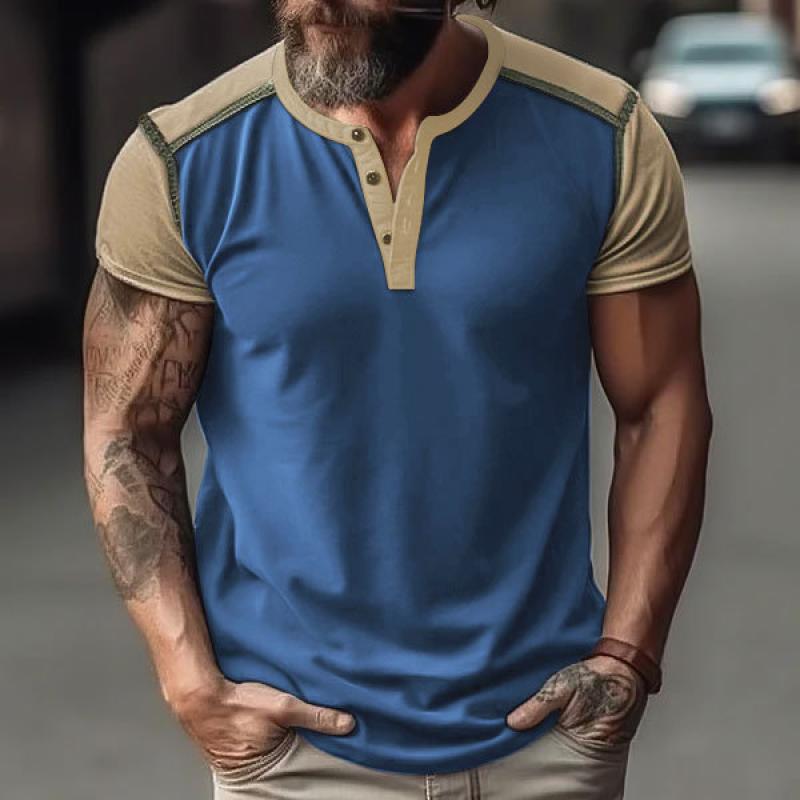 Men's Color Block Henley Collar Short Sleeve T-Shirt 23456326Y