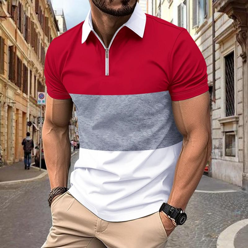 Men's Casual Color Block Printed Zip Short Sleeve Polo Shirt 74859890Y