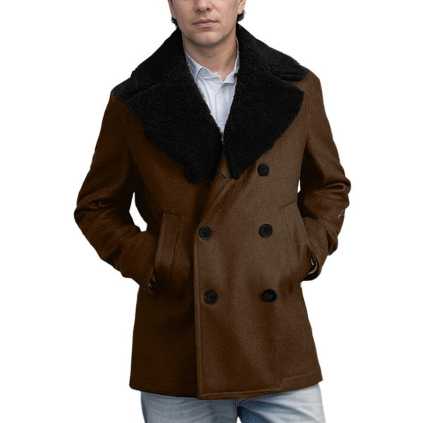 Men's Solid Color Double-Breasted Fur Collar Wool Coat 31282957Y