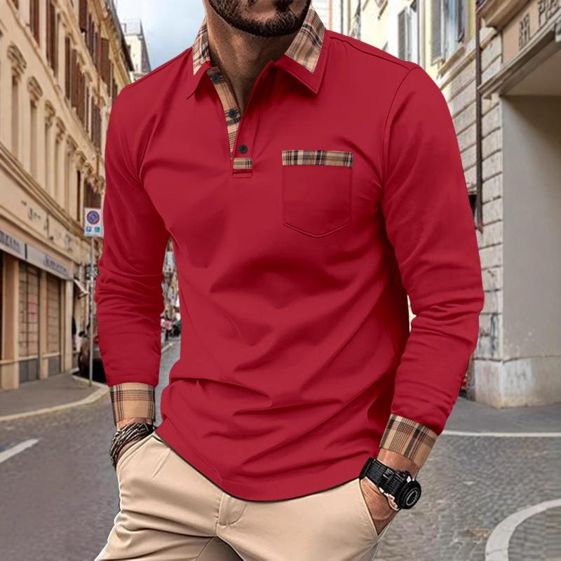 Men's Checked Stitching Lapel Long Sleeve Casual Polo Shirt 63414589Z