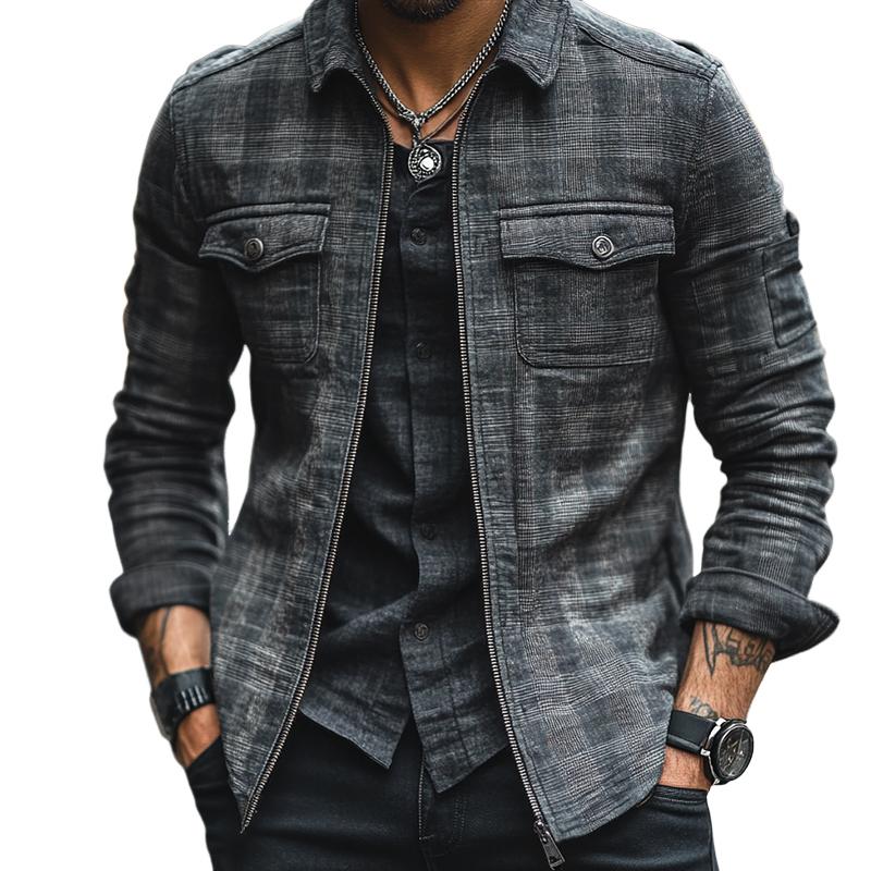 Men's Retro Casual Plaid Pocket Zipper Lapel Jacket 29797525TO