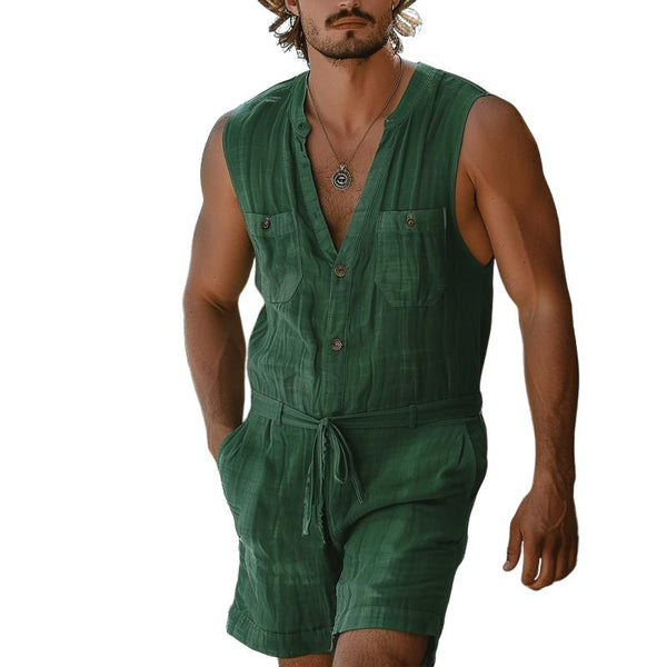 Men's Cotton And Linen V-Neck Chest Pocket Sleeveless Shirt Shorts Jumpsuit 64185291Y