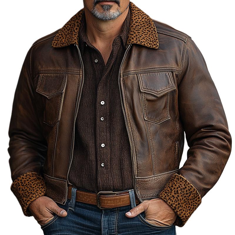 Men's Vintage Leather Leopard Fleece Lapel Chest Pocket Zipper Jacket 49215252Z