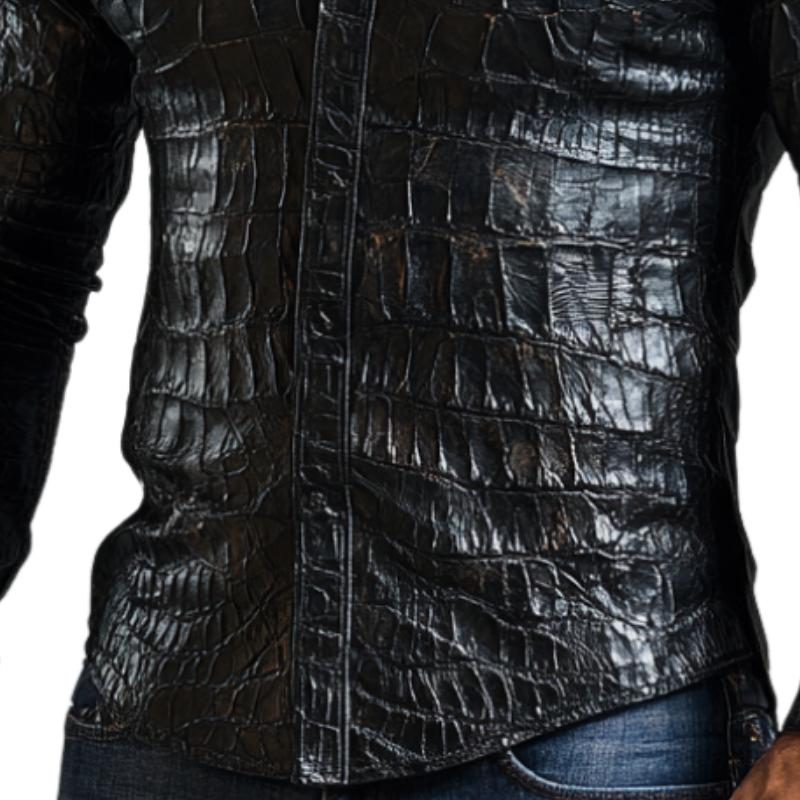 Men's Casual Black Lapel Textured Leather Shirt 59717220F