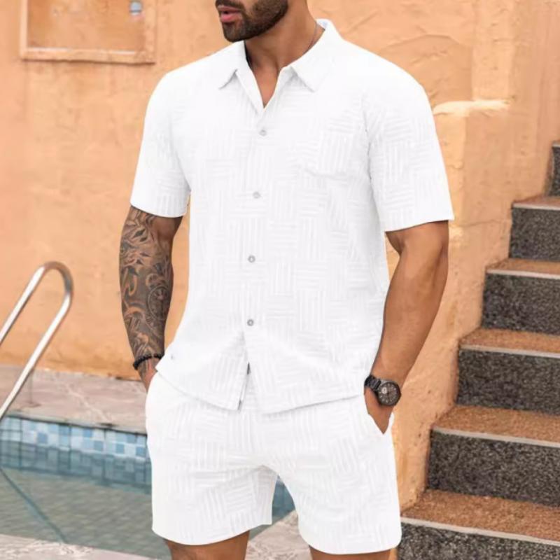 Men's Solid Color Jacquard Short Sleeve Shirt Shorts Set 83180598Y
