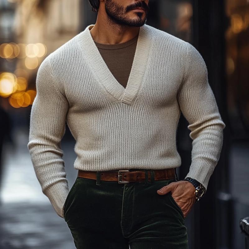 Men's Vintage V-neck Solid Color Slim Fit Knitted Sweater 61736180M