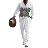 Men's Classic Casual 3D Printed Knitted Loose V-Neck Long Sleeve Sweatshirt Elastic Waist Sweatpants Set 31156534K