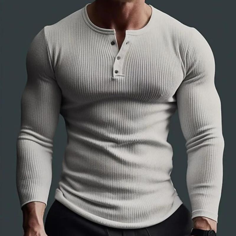 Men's Slim Fit Solid Ribbed Long Sleeve Henley T-Shirt 87666357F