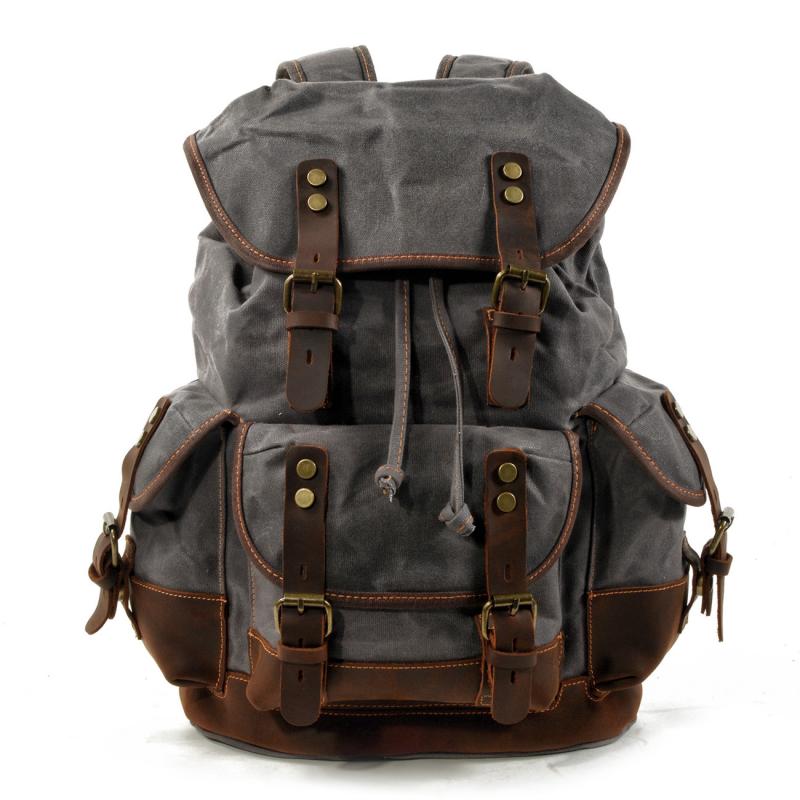 Men's Vintage Outdoor Canvas Stitching Leather Multi-Pocket Backpack 19083234Y