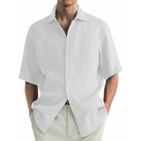 Men's Casual Cotton Linen Solid Color Lapel Slim Short-sleeved Shirt 56139378M