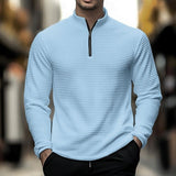 Men's Casual Solid Color Waffle Stand Collar Zipper Long Sleeve Polo Shirt 89122825Y