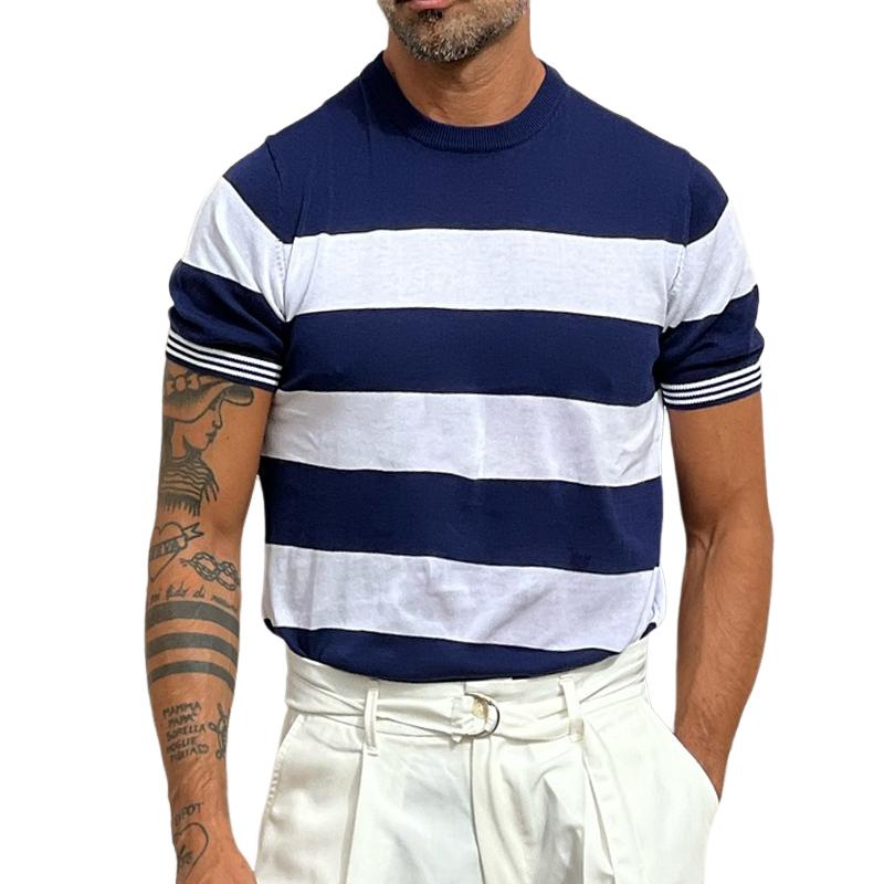Men's Casual Vintage Navy Striped Crew Neck T-Shirt 25045314TO