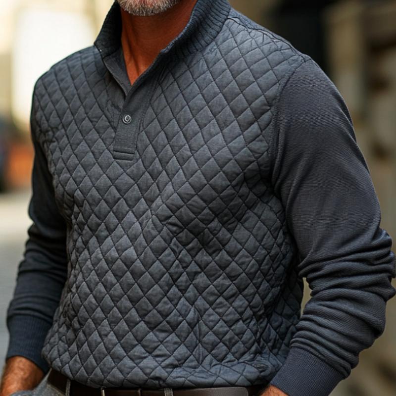 Men's Classic Stand Collar Quilted Padded Long Sleeve Warm POLO Shirt 00955994F