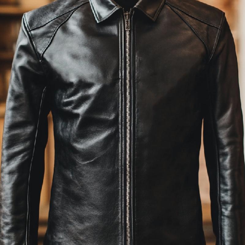 Men's Classic Black Lapel Long Sleeve Leather Shirt 13028188F