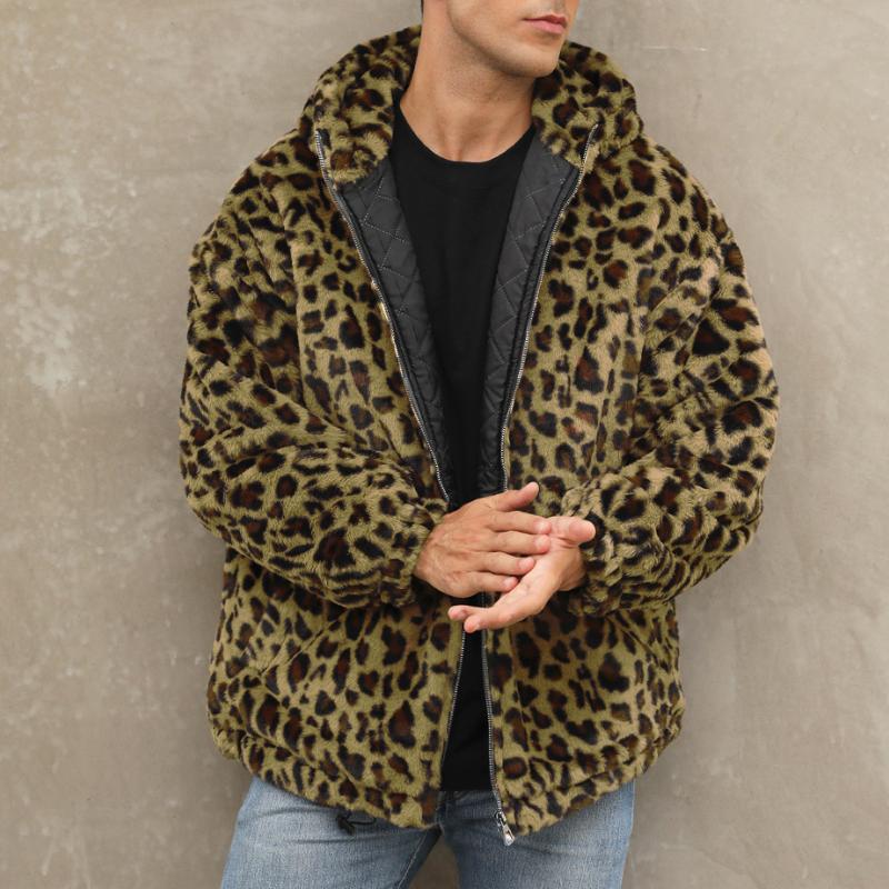 Men's Fashion Leopard Print Warm Fleece Zipper Padded Bomber Jacket 83611903M