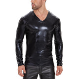 Men's Classic Casual Slim Fit Soft Patent Leather V-Neck Long Sleeve T-Shirt 82066135K