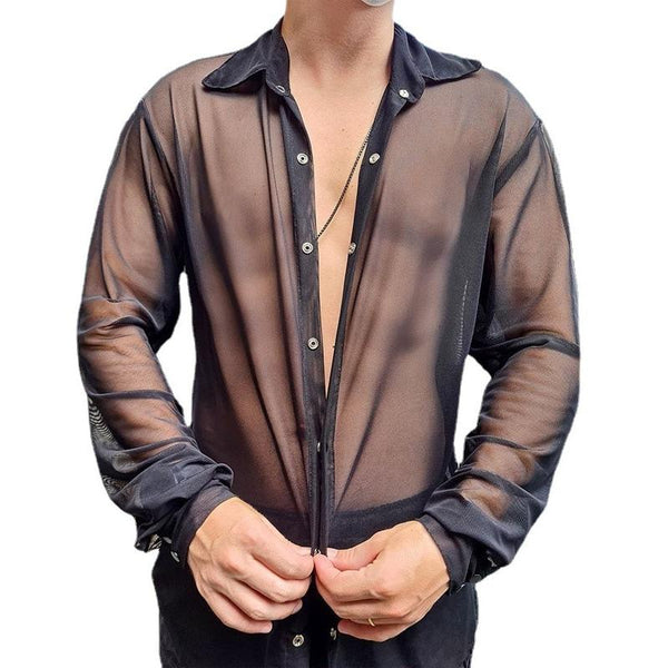 Men's Lapel Long Sleeve Transparent Shirt 60146626Z