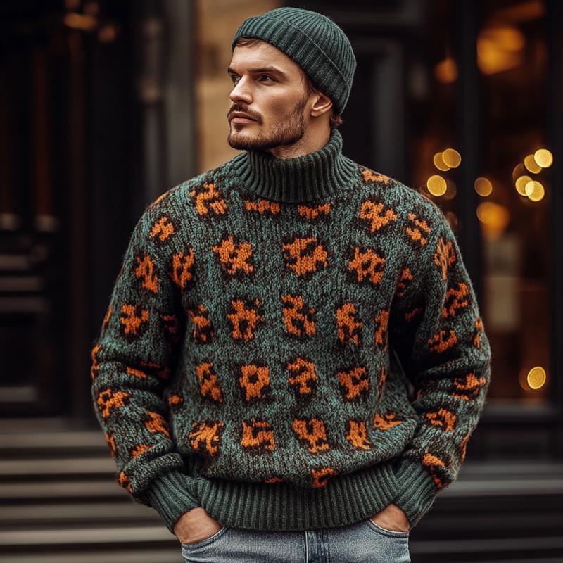 Men's Fashion Colorblock Leopard Turtleneck Warm Knitted Sweater 86039436M