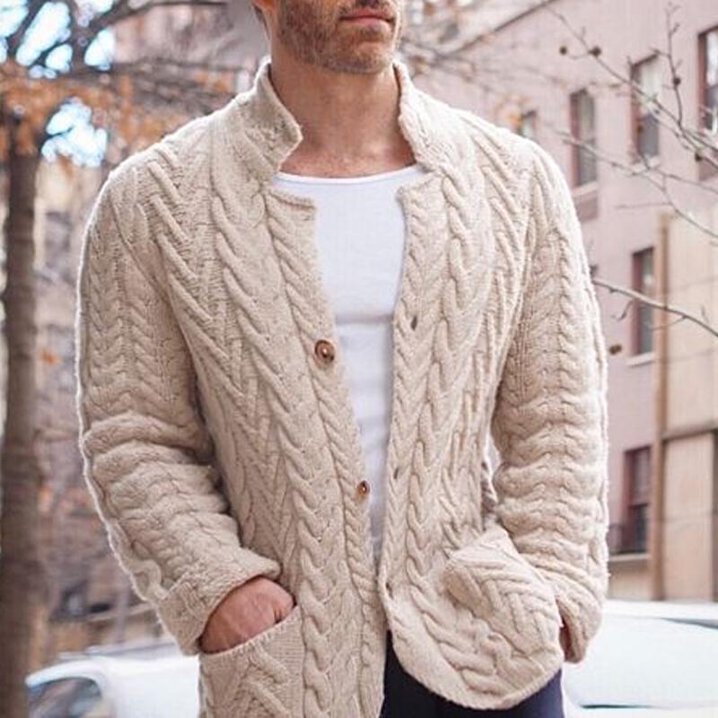 【24-hour shipping】Men's Vintage Stand Collar Single Breasted Cable Knit Cardigan 26165463Z