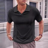 Men's Casual V-Neck Breathable Jacquard Knit Short Sleeve Polo Shirt 86670392M