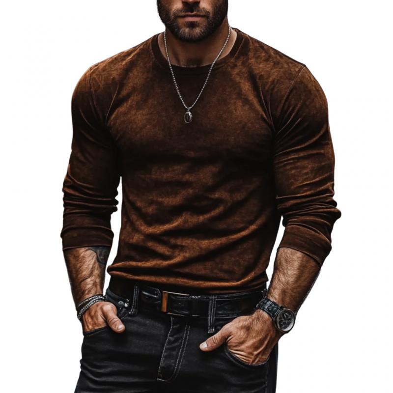 Men's Vintage Suede Round Neck Slim Fit Long Sleeve T-Shirt 93611754M