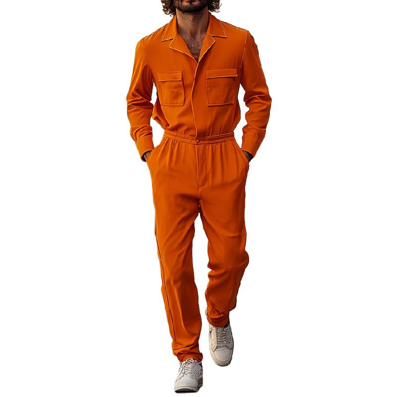 Men's Stylish Orange Lapel Long Sleeve Jumpsuit 67782954F