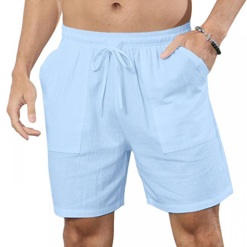 Short de plage en coton et lin de couleur unie pour homme avec cordon de serrage 66870843Y