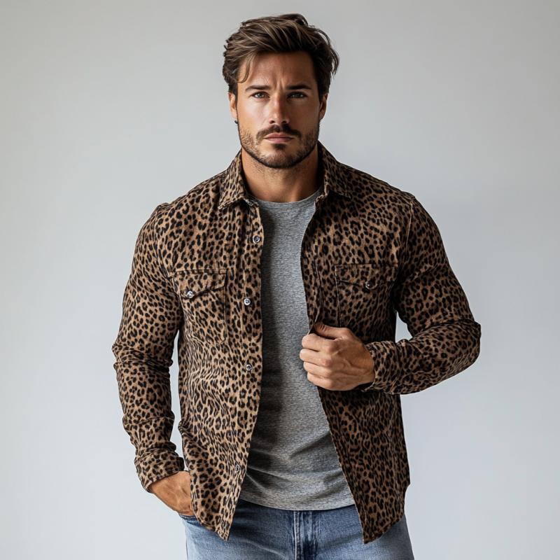 Men's Smart Casual Leopard Suede Print Thin Long Sleeve Shirt 24507267Y