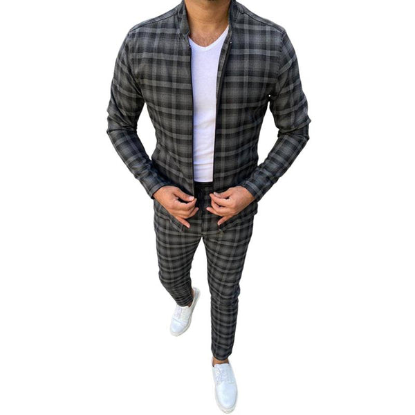 Men's Retro Casual Plaid Print Zipper Two-Piece Set 36851779TO