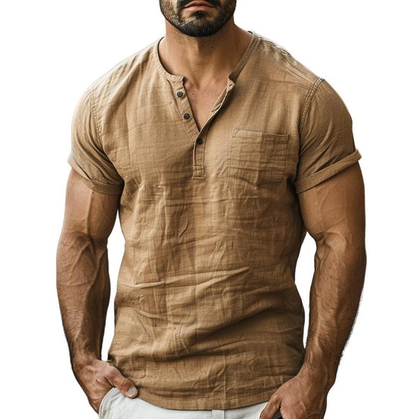 Men's Casual Henley Collar Patch Pocket Cotton Linen Short Sleeve Shirt 14684687M